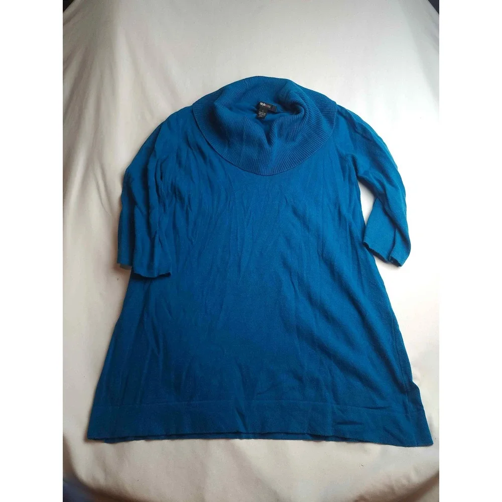 Style & Co Womens Blue Cowl Neck 3/4 Sleeve Tunic Sweater Large Cotton Blend